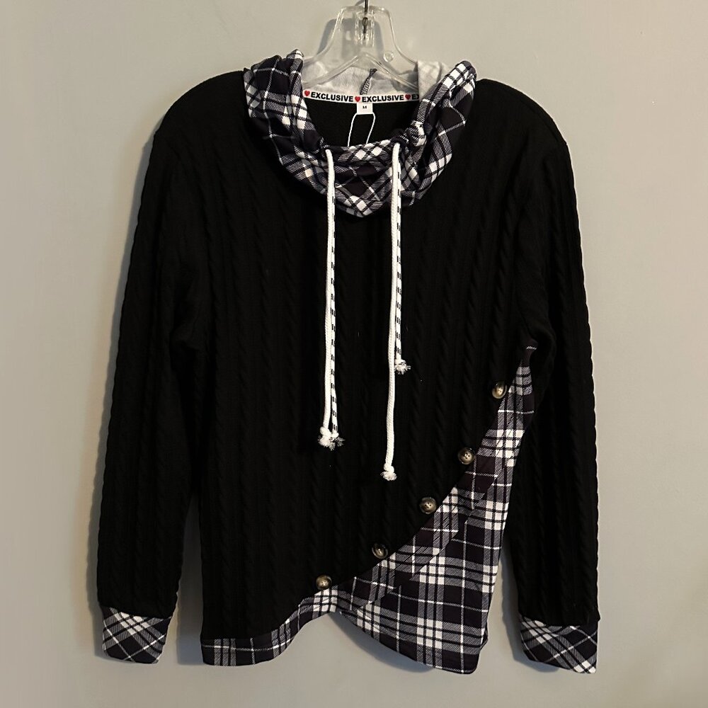 Cowl Neck Plaid Lightweight Hoodie Women's Size M - Picture 2 of 8